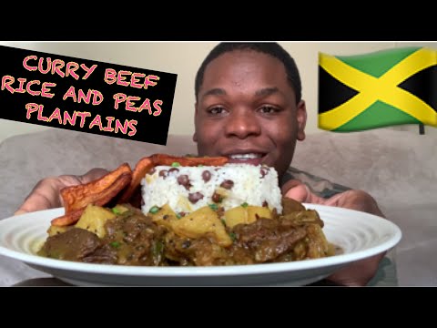 JAMAICAN CURRY BEEF AND RICE AND PEAS RECIPE 먹방 | EATING SHOW