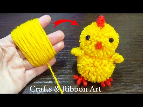 Super Easy Pom Pom Chicken Making Idea with Fingers - DIY Pom Pom Chick - How to Make Yarn Chickens