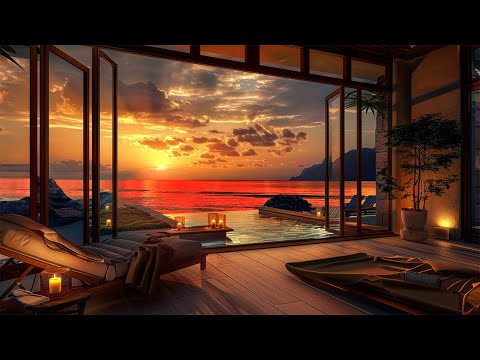Coastal Night Jazz Ambience in Luxurious Villa 4K. Romantic Sunset Serenade & Relaxing Ocean Waves