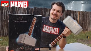 YouTube thumbnail: Reviewing LEGO Thor's Hammer in a Thunder Storm | LEGO Marvel Mjolnir 76209 | 2022