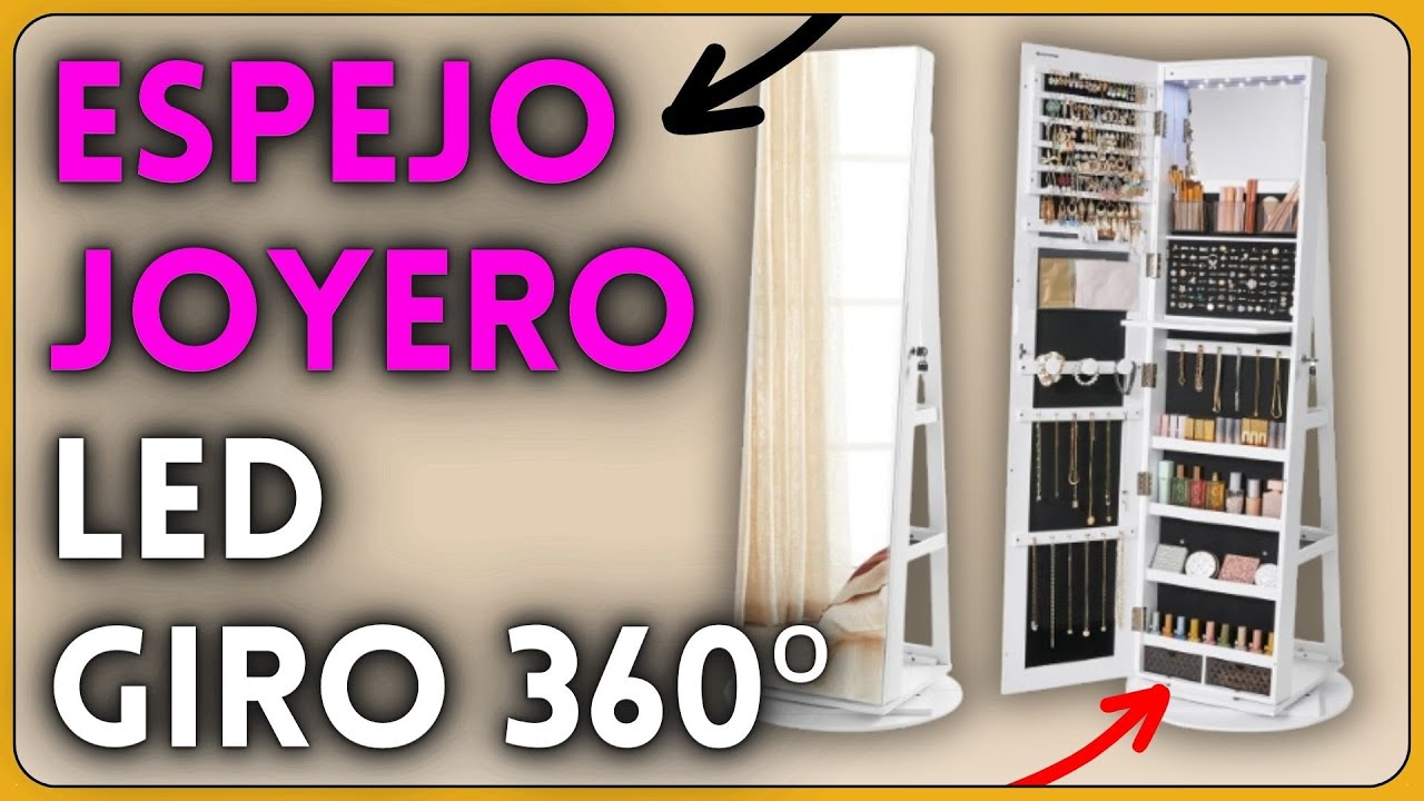 SONGMICS Espejo Joyero con 6 LEDs, Armario de Joyas de Giro de 360°, Organizador de Joyas Giratorio