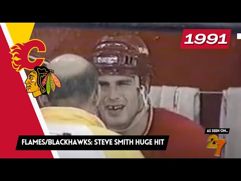 1991-92 - Flames @ Blackhawks - Steve Smith Massive Hit