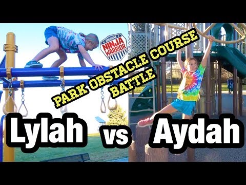 Lylah Runs 2 Ninja Warrior Obstacle Courses against Aydah at the Park