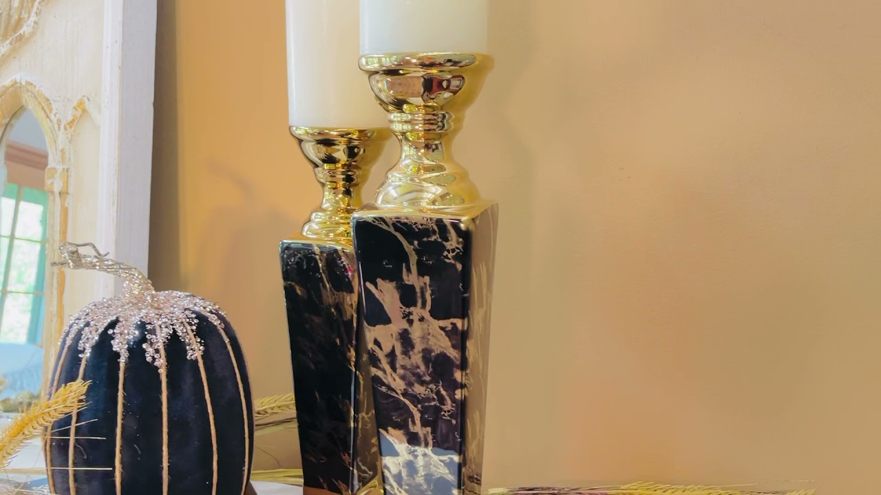 Watch video Grand Black and Gold Candleholders Now Grand Black and Gold Candleholders