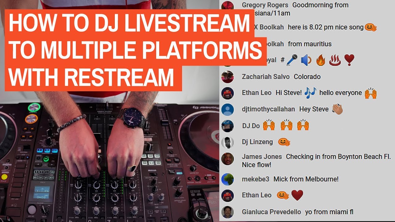 DJ restream tutorial showing multi-platform setup for electronic music broadcasting