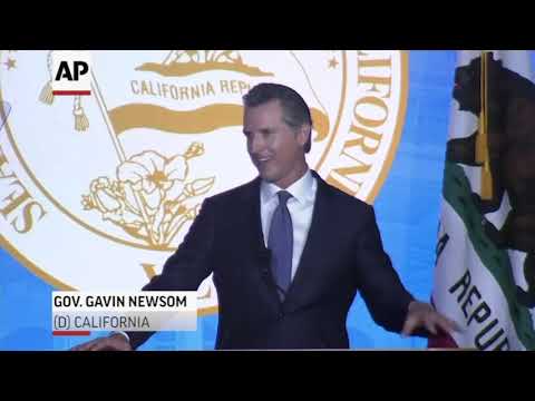 Gavin Newsom was sworn in as governor of California on Monday. A protester disrupted the event, blaming Newsom for the death of a police officer allegedly killed by a man who authorities say is in the country illegally. (Jan. 8)