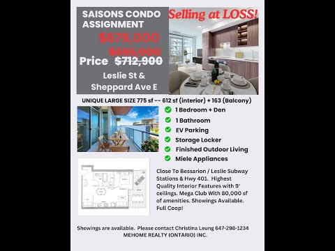 SELLING AT LOSS $679000 - NORTH YORK CONDO ASSIGNMENT SALE 1+ DEN & EV PARKING