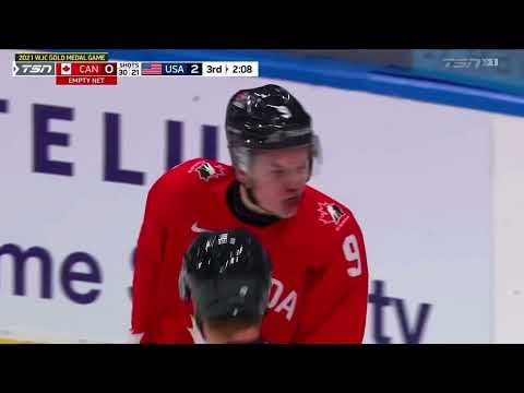 Connor Zary yells at the ref during 2021 World Juniors gold medal game