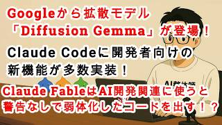 【#AIニュース No.384】Googleから拡散モデル「DiffusionGemma」登場！Claude Codeに開発者向け新機能が多数実装！Claude FableはAI開発関連に使うと、
