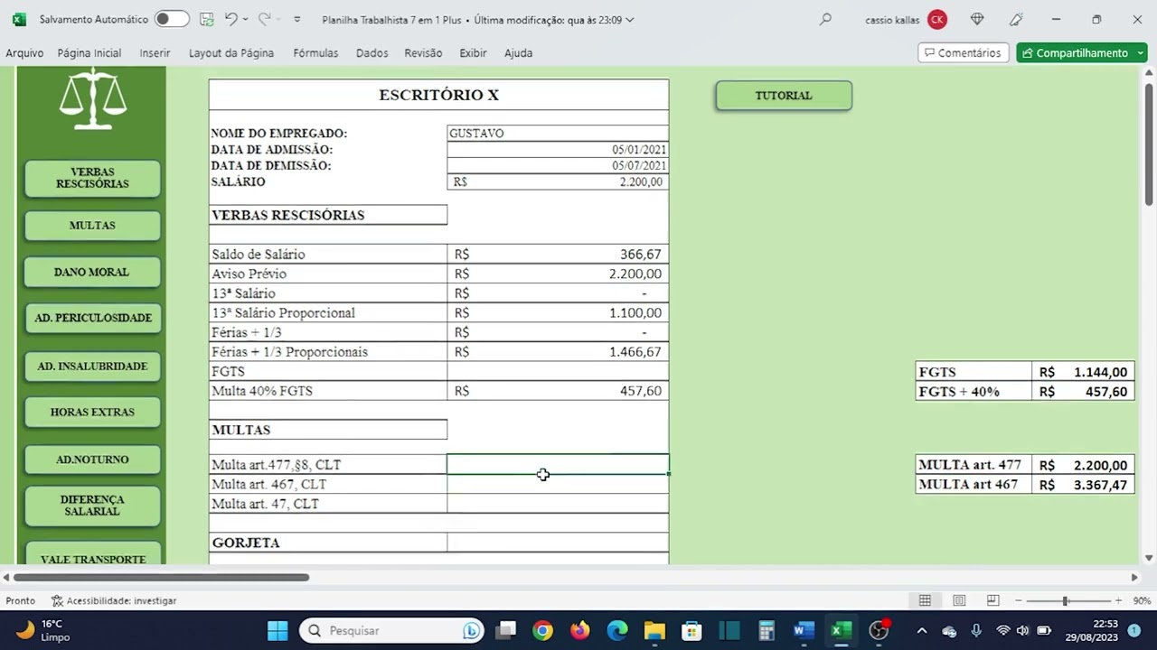 CASO #5 | Caso Gustavo Part.3 FINAL | PLANILHA DE CÁLCULOS TRABALHISTAS 7 EM 1 PLUS