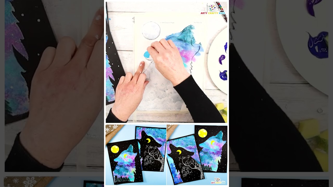 Wolf Silhouette Painting for Kids | Easy Night Sky Art Project 🐺