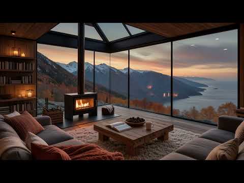 Cozy Cabin Fireplace Ambience 🔥🏔️ | Peaceful Sunset and Crackling Fireplace Sounds for Relaxation