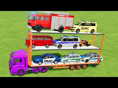 LOAD AND TRANSPORT OF COLORS..! POLİCE CAR FİRE TRUCK BY THREE-TRAİLER TRUCK-Farming Simulator 22