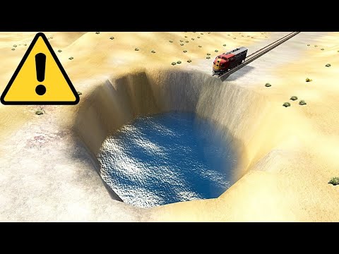 Trains vs Giant Pit - Deep water - BeamNG Drive