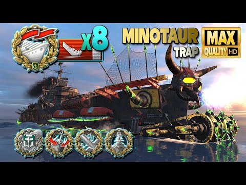 Cruiser Minotaur on map Trap, SOLO WARRIOR - World of Warships