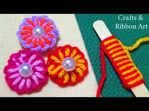 Easy Woolen Craft Ideas with Ice Cream Stick - Hand Embroidery Flower Design - DIY Woolen Flowers