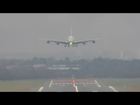 Airbus A380 Emerges through FOG Landing - Birmingham Airport