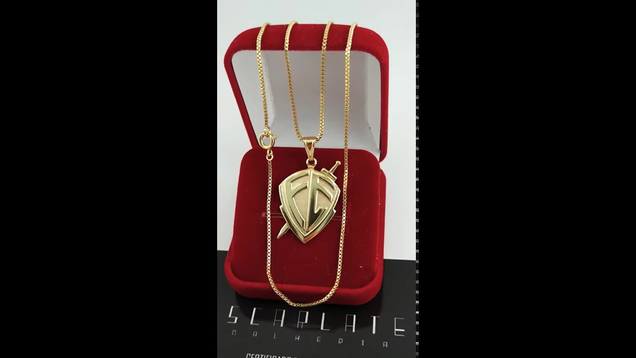 Corrente Masculina Banhada a Ouro 18K Com Pingente Escudo Da Fé Maciço