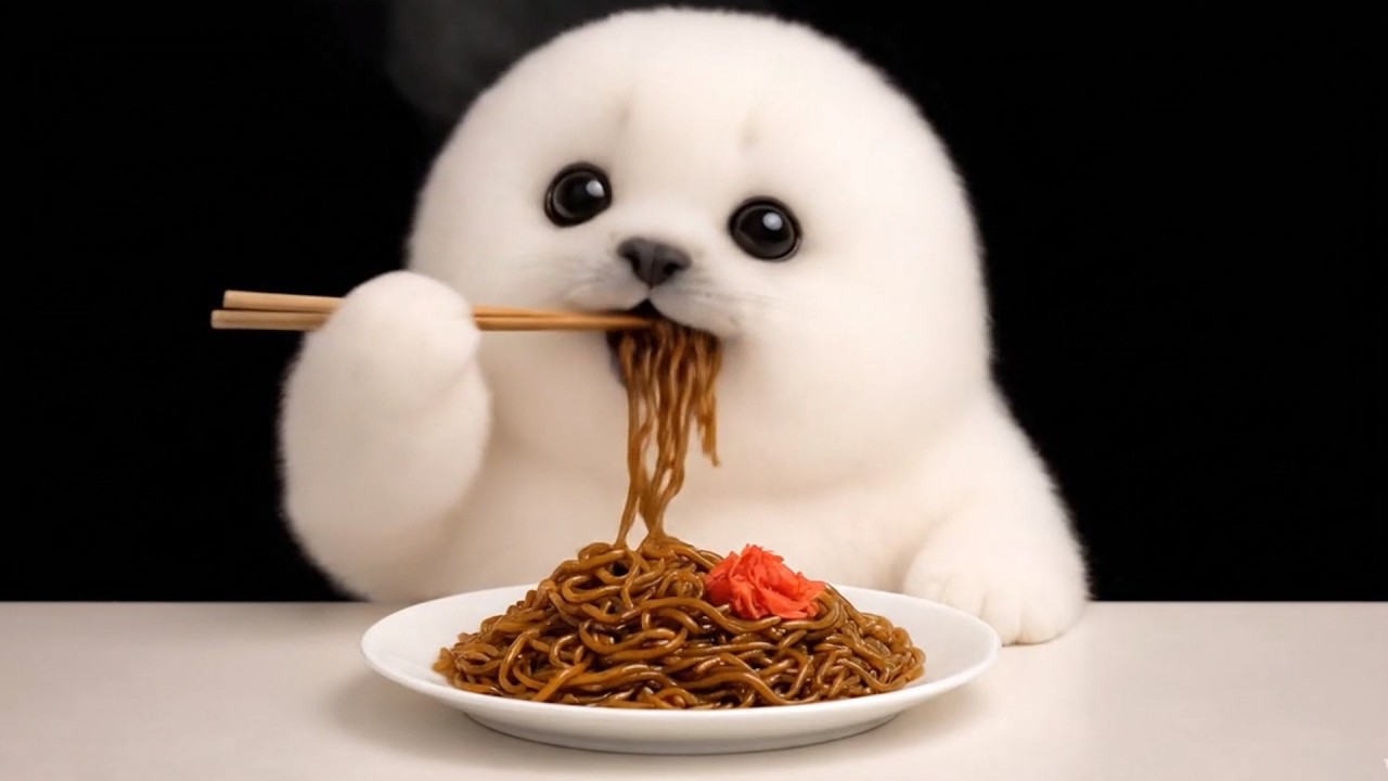 Arale the Seal Eats Sauce Yakisoba🦭🍜【ASMR】 #mukbang #noodle