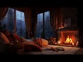 Nighttime Thunderstorm Haven Fireside Comfort With Rain Fireplace And Sleeping Cat