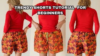 How CUT and SEW SHORTS with ELASTIC WAISTBAND & POCKETS for Beginners | Drawstring & Eyelet Tutorial