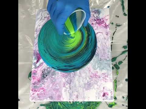 Ring Pour Blue & Lime Green- 8" x 10" Canvas - Fluid Art - Acrylic Pouring - Abstract Painting