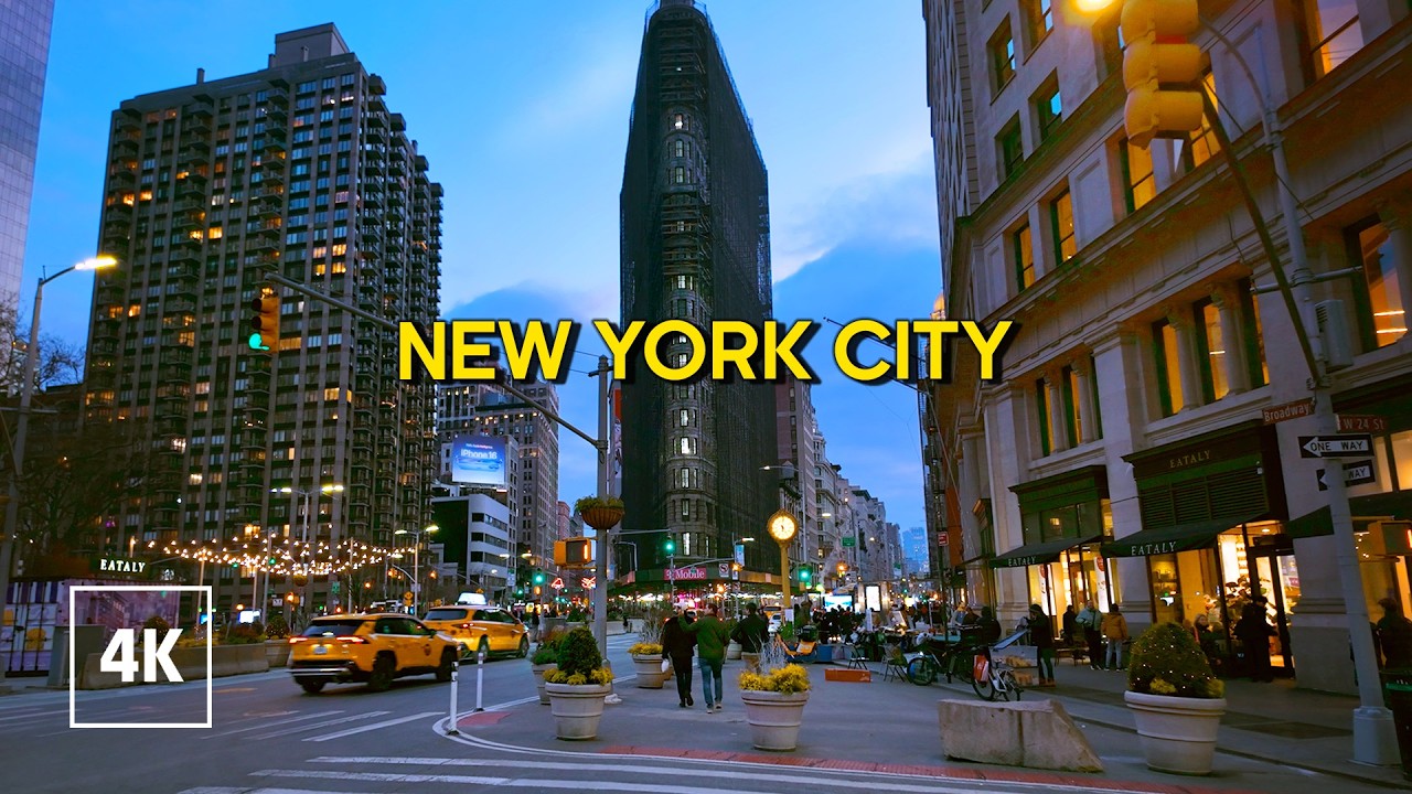 Immersive street-level walking tour through Manhattan, Evening, showcasing authentic urban landscapes, local architecture, and the vibrant atmosphere of the city's neighborhoods