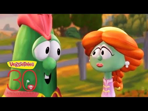 Two VeggieTales characters, a green veggie with pink hairpiece and a green-skinned girl with orange braided hair, chat outdoors next to a 30th anniversary logo.