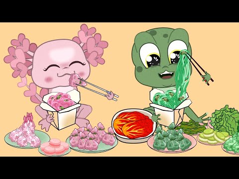 Kvaka and Axo eating random PINK and GREEN  food asmr mukbang animation | 먹방 애니메이션