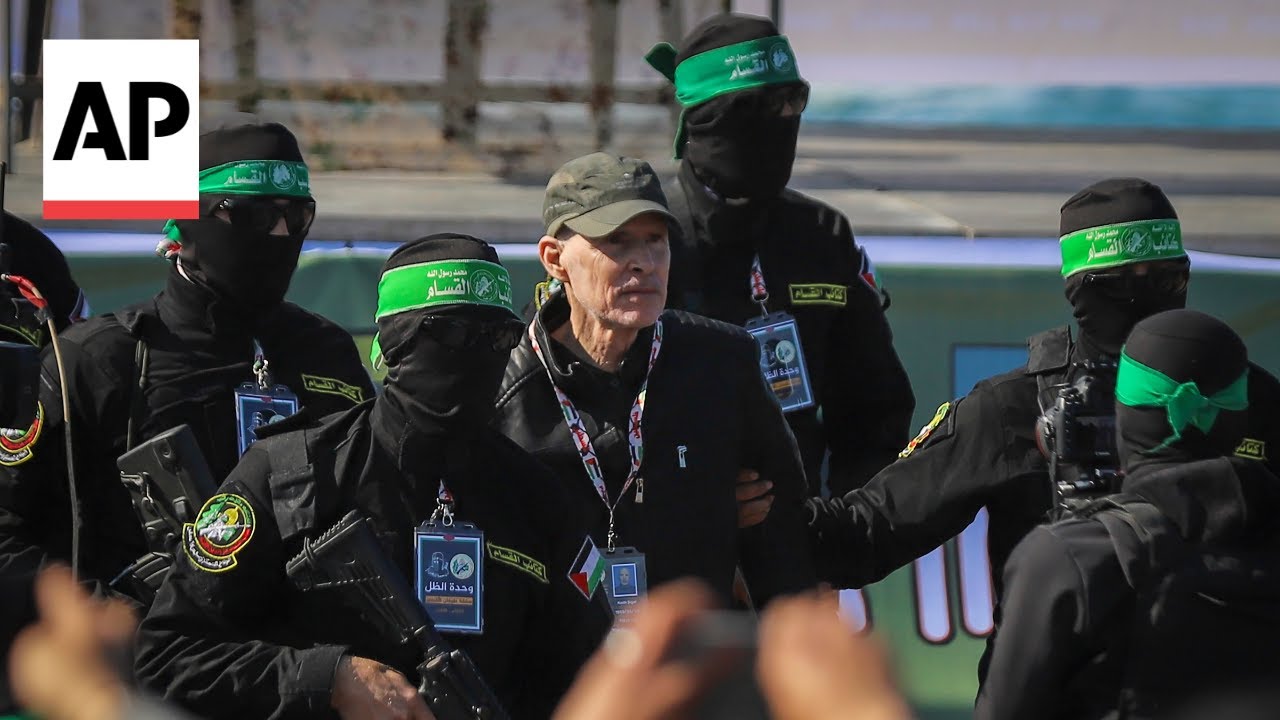 Drone aerials show Hamas ceremony for release of American-Israeli hostage Keith Siegel in Gaza City