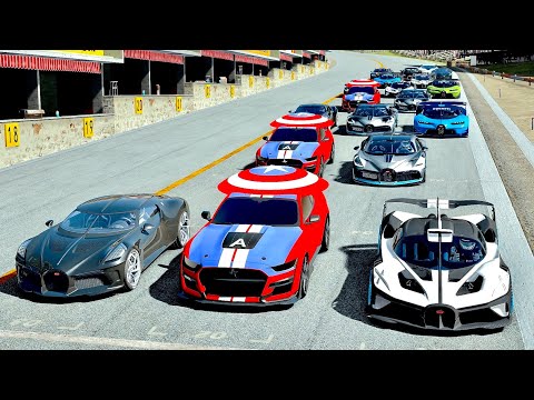 Captain America Ford Mustang Shelby 500 vs Bugatti Hypercars - Drag Race 20 KM