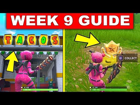 Fortnite WEEK 9 CHALLENGES GUIDE – SEARCH BETWEEN MOVIE TITLES, 3 TACO LOCATIONS (Fortnite Season 4)