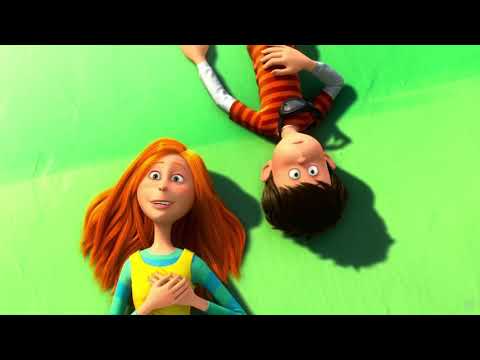 Trailer still of Thneedville crowd gathering in the square during the finale mood