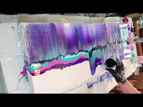 #116 12X36  Bloom Swipe and Swirl! Acrylic pour Beautiful purple & Teal