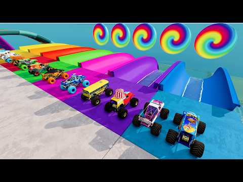 Monster Trucks vs Water Slides Colorful and Jumping Through Portal Trap Challenge BeamNG Random