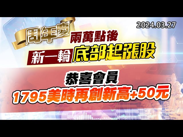 20240327《股市最錢線》#高閔漳 “周年慶：兩萬點後，新一輪底部起漲股”” 恭喜會員，1795美時再創新高+50元”