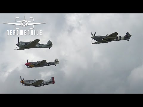 Warbird Fighters of WWII Flybys - Fw-190A, Bf-109G-10, P-51D Mustang, Spitfire Mk LF IXc 16-17Jul22
