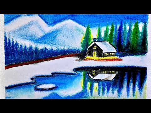 Winter season scenery drawing || Easy Winter Snowfall Scenery Drawing for Beginners with Oil Pastels
