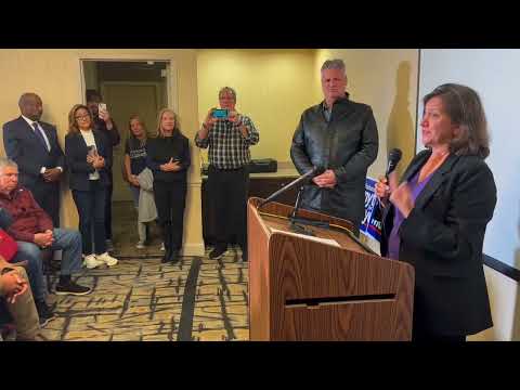 Barbara Smyth speaks to supporters after declaring she had won the election