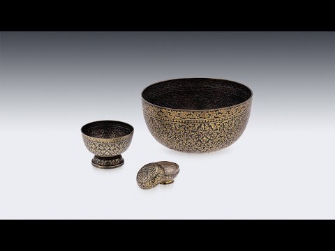 ANTIQUE 19thC THAILAND SOLID SILVER GILT & NIELLO ENAMEL BETEL BOWLS, SIAM c1860 | PUSHKIN ANTIQUES