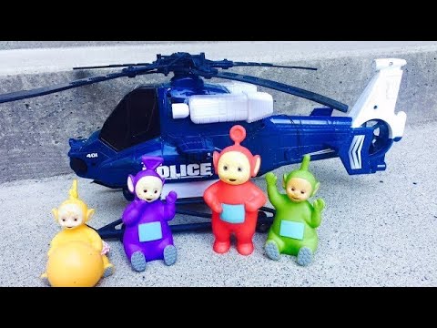 POLICE HELICOPTER on the Beach with TELETUBBIES TOYS and Learning for Young Kids!