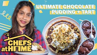 Chocolate Cardamom Pudding, Cream Tart, and Pistachio-Sesame Brittle | Chefs At Home | Food &amp; Wine