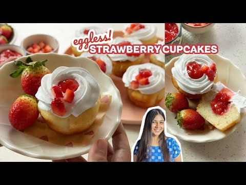 Bakery style strawberry cupcakes | EGGLESS | homemade STRAWBERRY COMPOTE