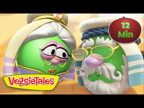 Two green VeggieTales characters wearing hats and glasses talk to each other, logo bottom left, 12 Min badge top right.