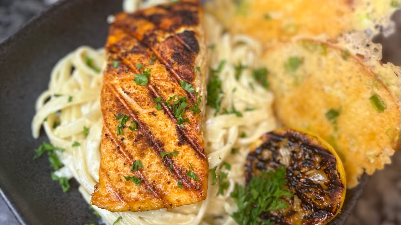 Salmon Fettuccine Alfredo with Parmesan Crostini #LessGuessingMoreCooking #LetsMakeItChefMate ￼￼￼