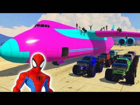 Spiderman Police Monster Truck Transportation on Biggest Airplane Cartoon For Kids Nursery Rhymes