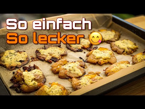 Smashed Potatoes mit Parmesan Knoblauch Kräuter Kruste vom Pellet Grill #Beilage #GedaGrill #Grillen