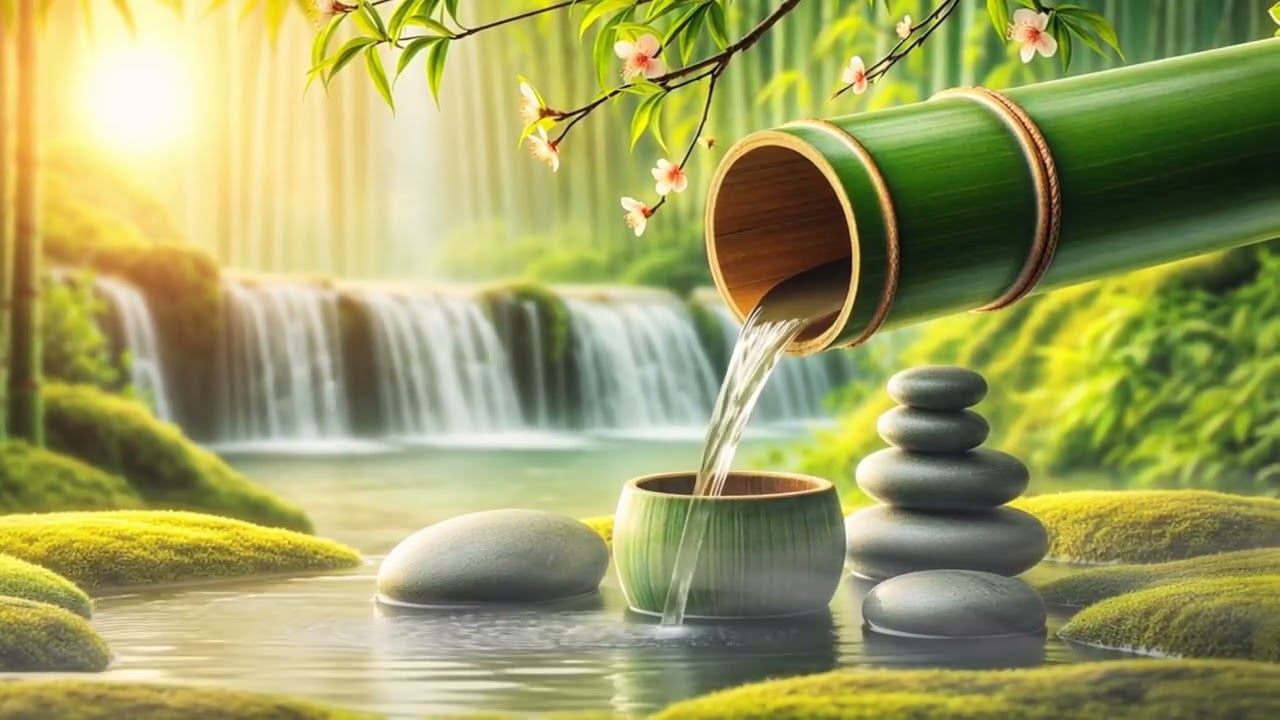 Peaceful Bamboo Waterfall & Ocean Waves - Serene Nature & Piano Music