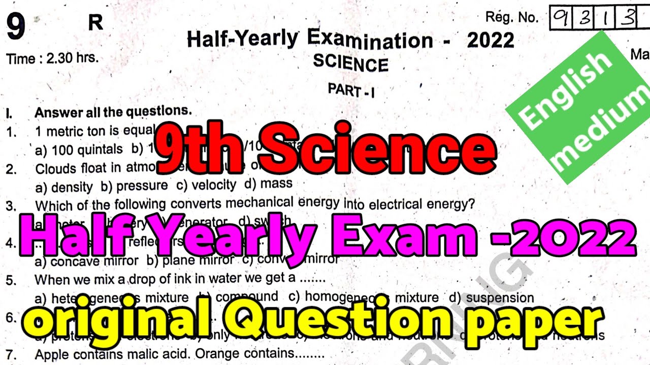 9th Science Half Yearly Exam original question paper 2022 English medium-9th science half yearly EM