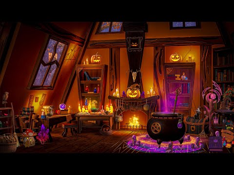 Cozy Witch Cottage - Halloween Ambience | Relaxing Fireplace, Rain & Thunderstorm Sounds for Sleep